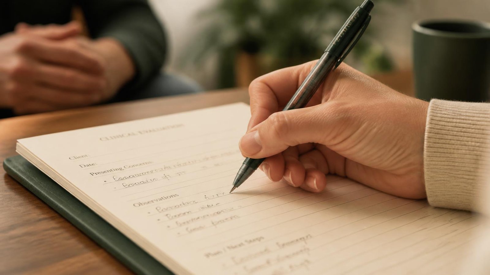 Mano de profesional escribiendo notas en un formulario de evaluación clínica, con otra persona desenfocada al fondo
